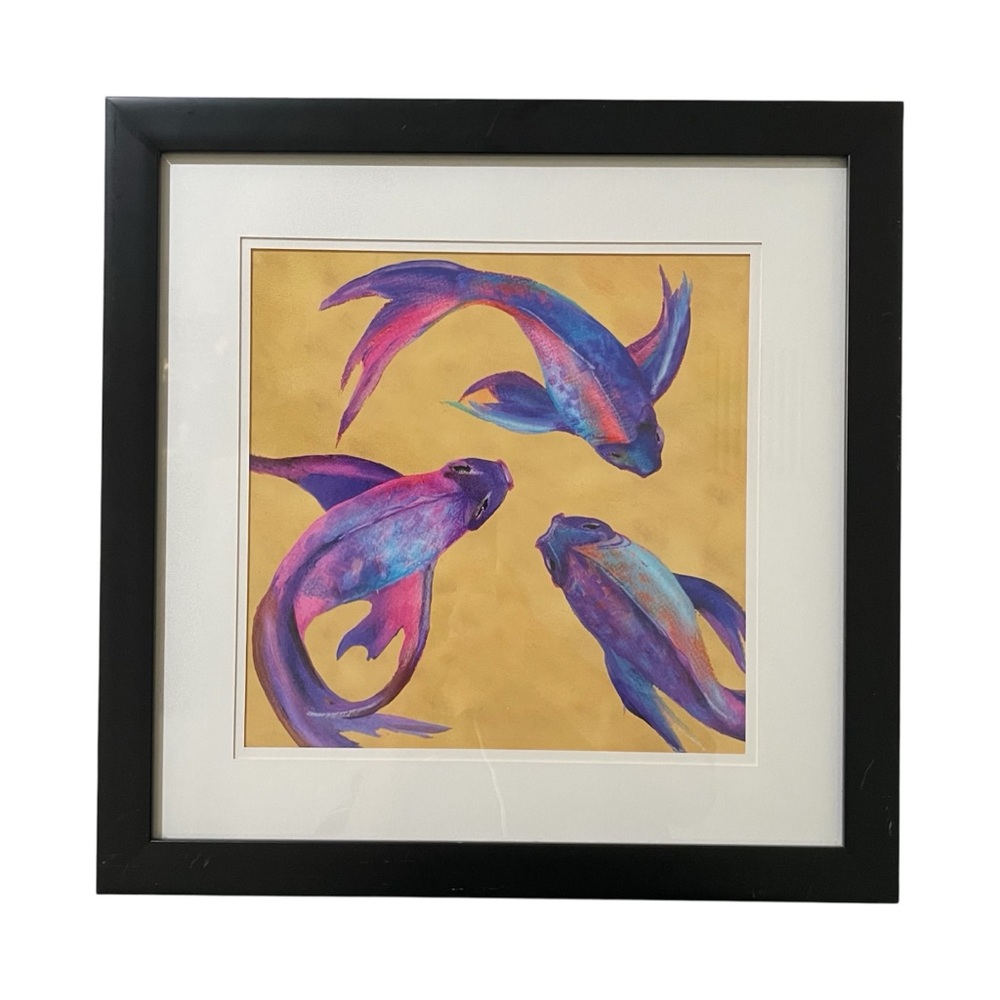 Framed Wall Art Featuring Purple and Blue Koi